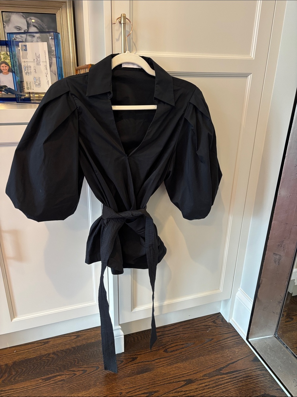 Jonathan Simkhai Black Puff-Sleeve Wrap Blouse with Self-Tie Waist
